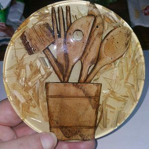 Vintage Retro Colorflo Lucite Resin Wood Utensil Holder Trivet Wood California